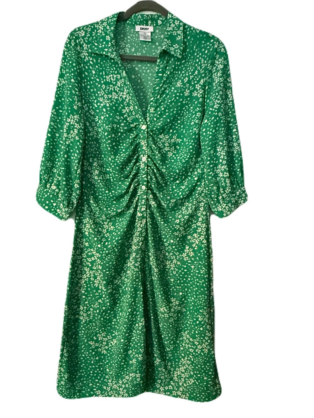 DKNY Green Floral Ruched Front Shirt Dress